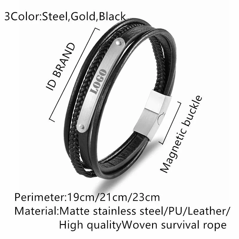 Fashion Genuine Leather Bracelet Men Black Braid Multilayer Rope Chain Stainless Steel ID Brand Magnetic Clasp Male Jewelry Gift | Украшения