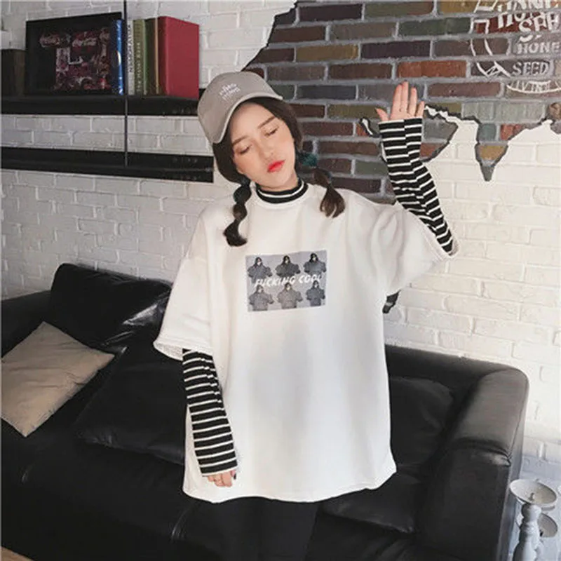 Oversized T-shirt y2k Printed Tshirt Harajuku Women's T Shirts aFake two utunno Tee Streetwear Tops Female T-shirts Clothes | Женская