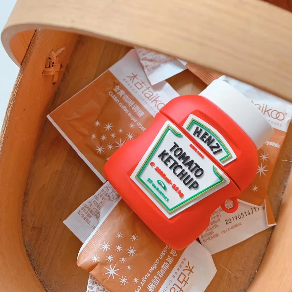3D чехол для наушников Airpods 2 силиконовый Ketchup милый мультяшный Apple Air Pods ремешок