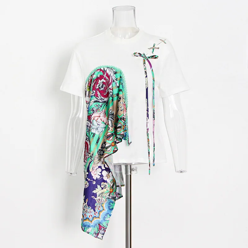 

Personalized Pullover short sleeve 2021 summer new round neck print contrast silk scarf splicing short women's comfortable