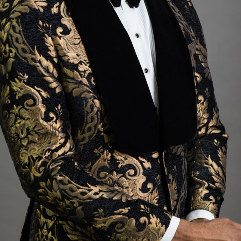Gold Jacquard Slim Fit Men Suits with Black Velvet Shawl Lapel 2 Piece Groom Tuxedo for Wedding Prom Male Fashion Costume 2020 images - 6