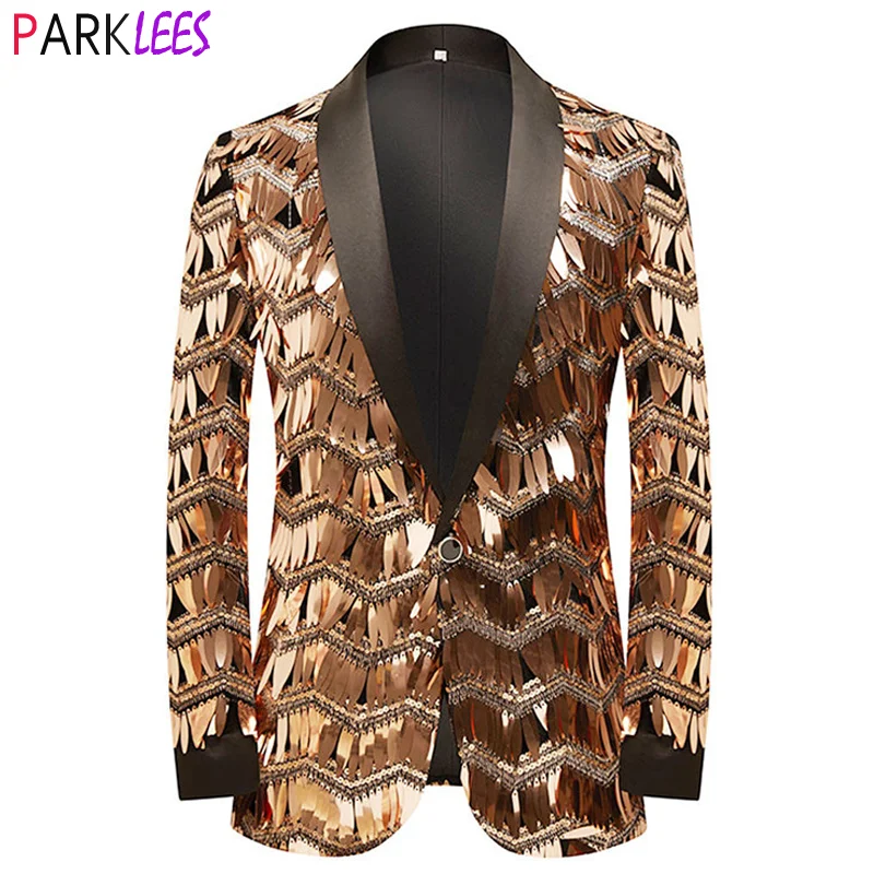 Mens Luxury Wave Striped Gold Sequin Blazer Jacket Shawl Lapel One Button Shiny Wedding Party Suit Jackets Dinner Tuxedo Blazer