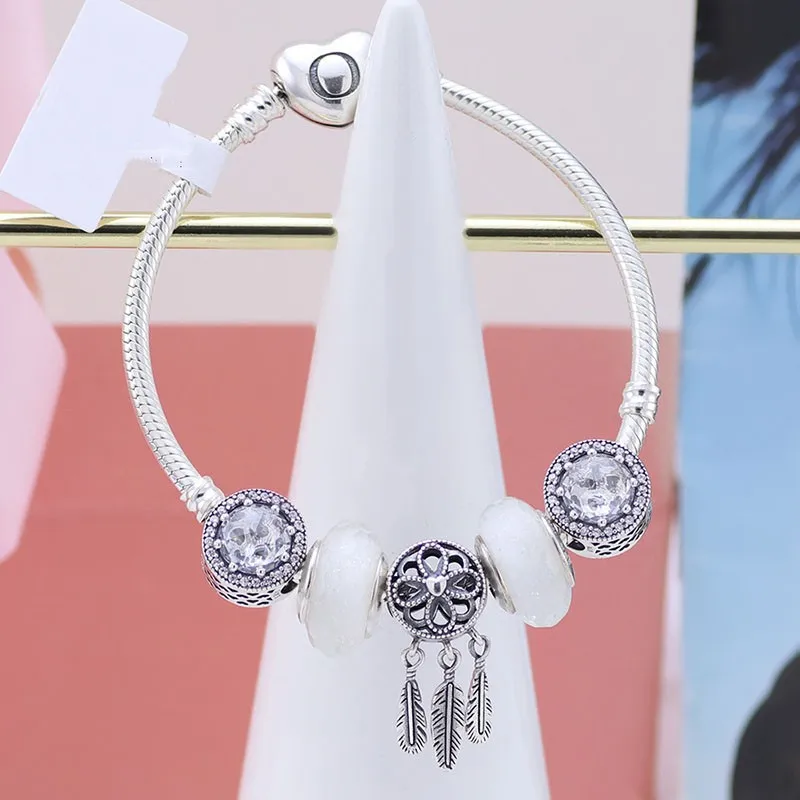 

2020 New 925 Sterling Silver White Cat's Eye Dream Catcher Net Beaded Smooth Face Love Snake Bone Bracelet