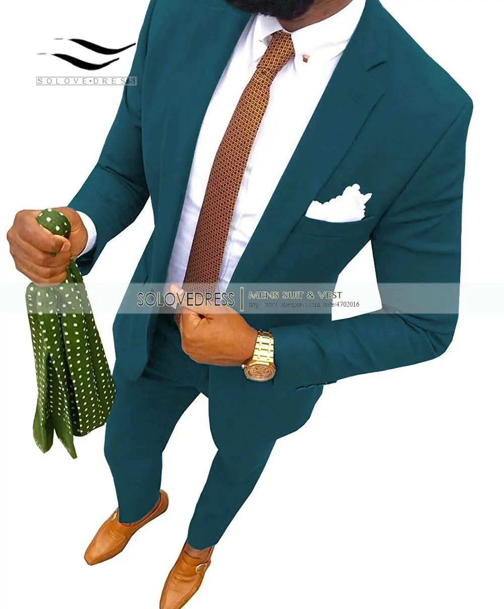 Teal Blue Новинка, кофейный мужской костюм, модный, 2 предмета, с отворотом, плоский, приталенный, смокинг, Женихи, мужской блейзер для свадьбы, выпускного, вечерние - Цвет: Teal Blue