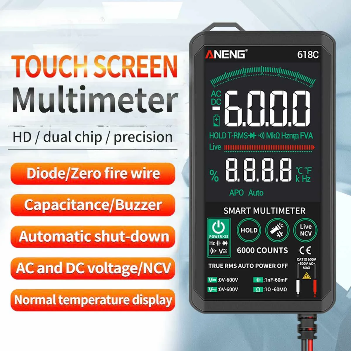 

Автоматический цифровой мультиметр, 6000 отсчетов, интеллектуальное сканирование, Измерение постоянного и переменного тока, Бесконтактный и...