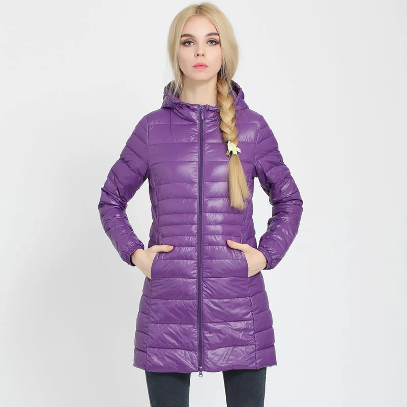 Purple Hooded S-7XL, Женская куртка, длинный пуховик с капюшоном, верхняя одежда размера плюс, ультралегкий пуховик, осенне-зимняя куртка, повседневное теплое пальто, YD-12 - Цвет: Purple Hooded