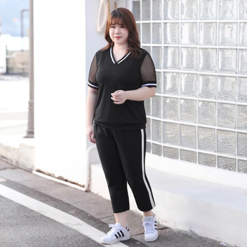 New summer plus size sports suits for women short sleeve loose black T-shirt and capri pants training suit sets 3XL 4XL 5XL 6XL |