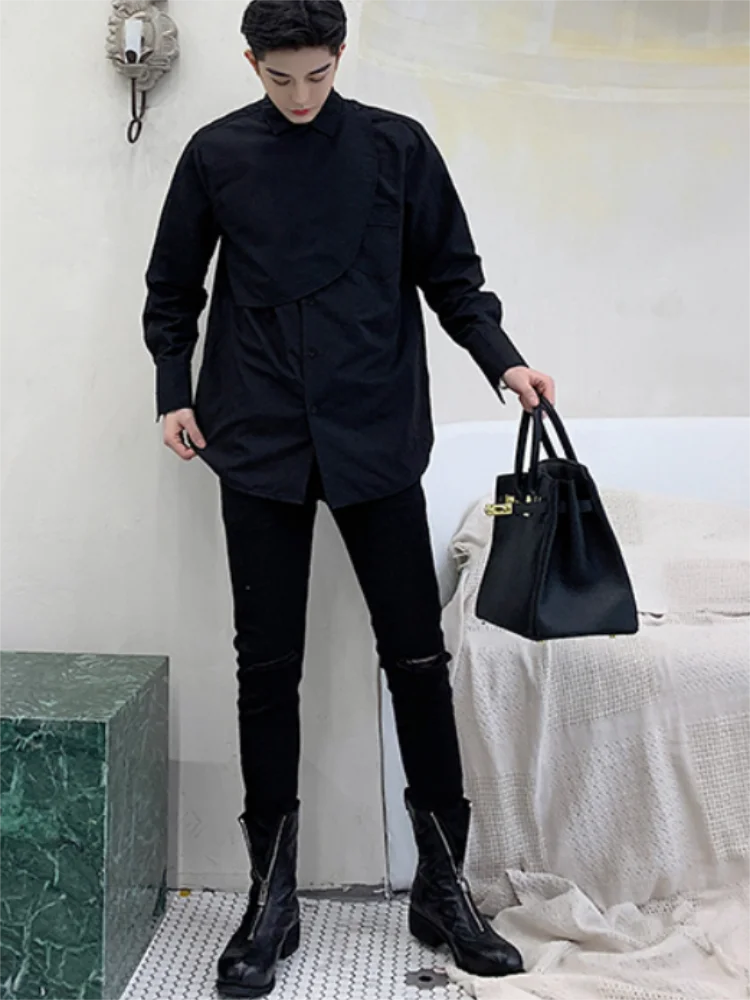 Men's superposition irregular patchwork long sleeve casual black shirt men's Japanese street style niche design shirt