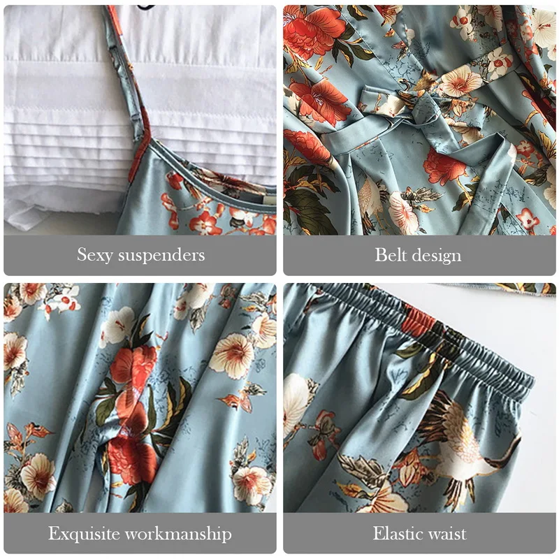 

3PCS Women Pajamas Set Lady Emulation Silk Pyjama Sets Flower Sleepwear Female Leopard Satin Homewear With Removable Padded