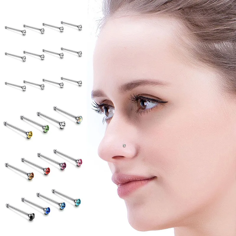 

40Pcs 1.8mm Straight Pin Nose Stud With Crystal Rhinestone Nose Piercing Body Jewelry Nose Studs Rings Piercing Pin Body Jewelry