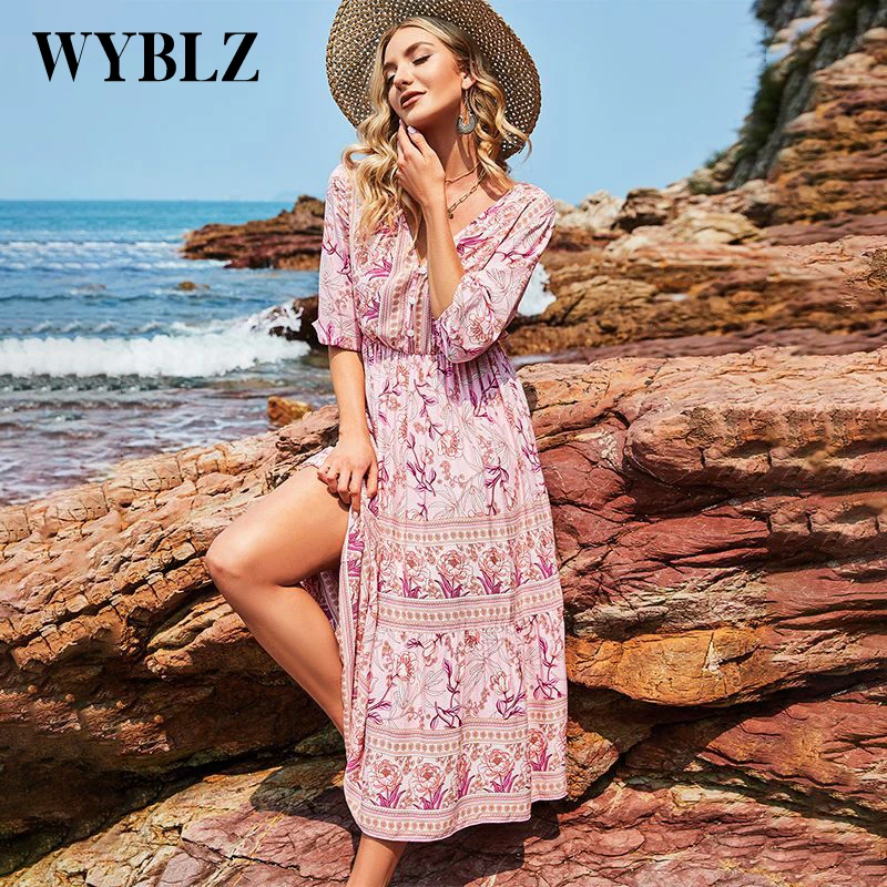 

WYBLZ Summer Print Dress Women V Neck Elegant Long Dress Female Mid-Length Boho Dress Sexy V Neck Floral Casual Beach Dress
