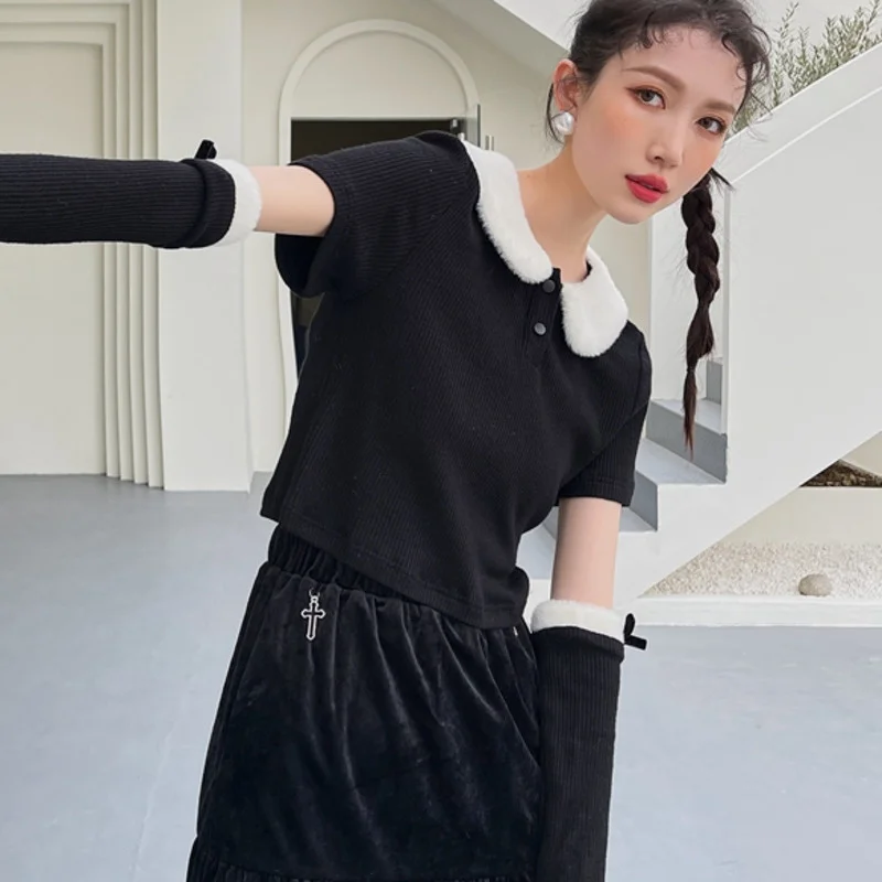 

LANMREM Women Knitted Blouses Peter Pan Collar Autumn Short Shirts Black All-match Casual Outerwear Female Top Clothes 2A7057