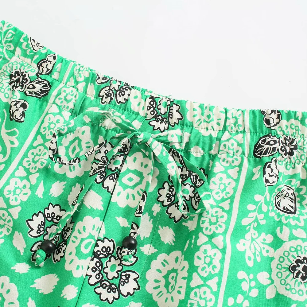 

2021 Green Loose Loungewear Elastic Waist Set Women Shirt And Wide Leg Pants Jogging Femme Print Shorts Set Women Shorts Suits