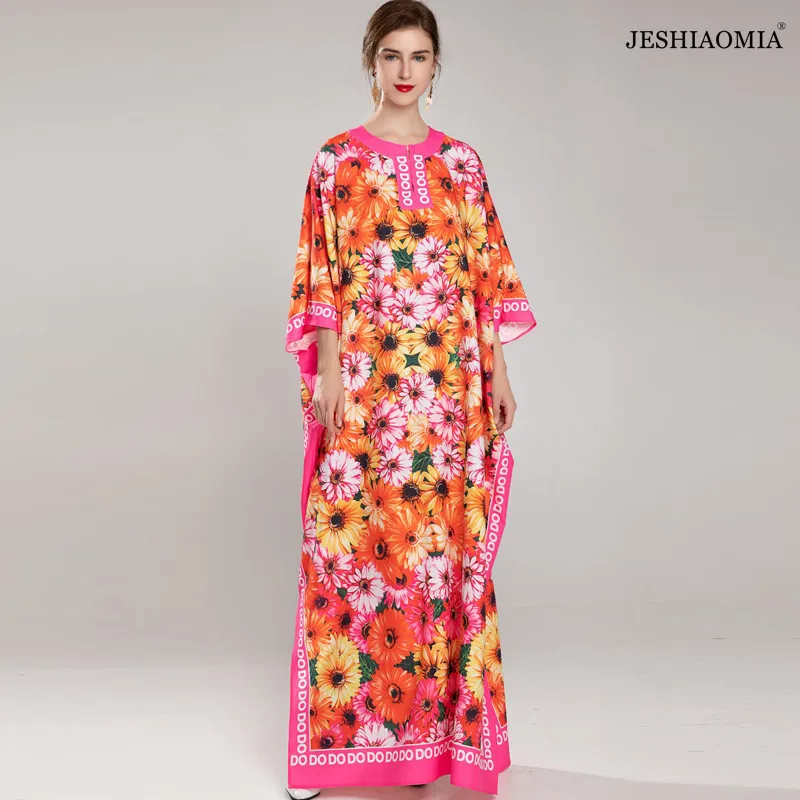 

JESHIAOMIA-2021 Autumn Split Neck Flower Print Draped Sleeve Maxi Dress