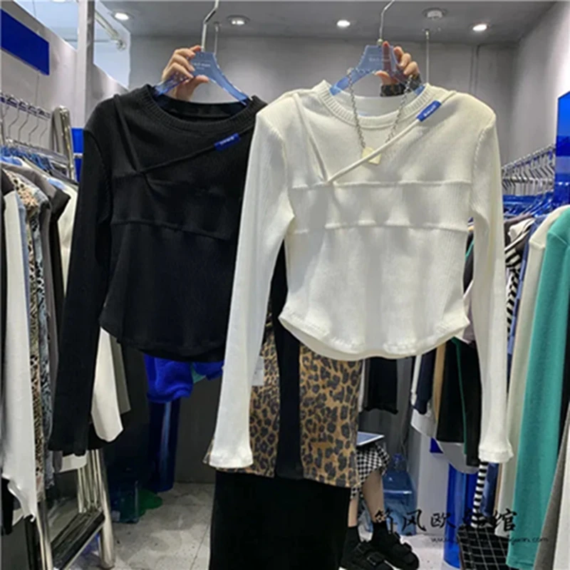 

2021 New Solid Basic Long Sleeve Womens Tshirt Casual Black White Fashion Crop Top T Shirt Ladies Fashion Korean Tee Shirt