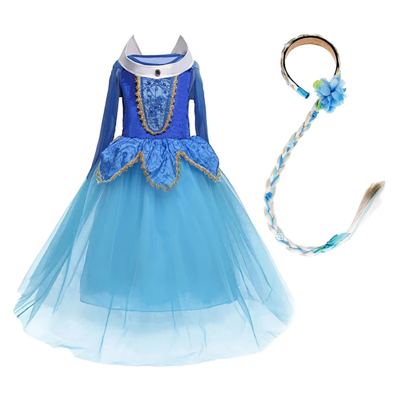 blue and wig02 Авроры для девочек платье принцессы Детский костюм «Спящая красавица» с сеткой детская одежда для Хэллоуина, дня рождения Косплей для модной вечеринки платье - Цвет: blue and wig02