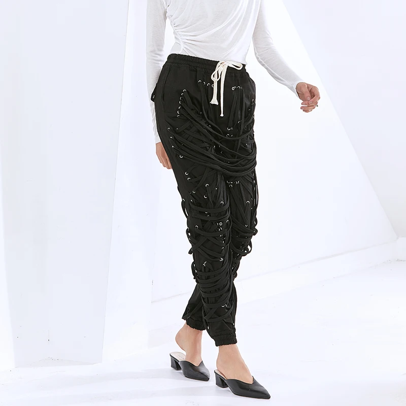 TWOTWINSTYLE Casual Harem Pants For Women High Waist Straight Cross Bandage Trouser Female Fashion New Clothing 2020 Autumn Tide