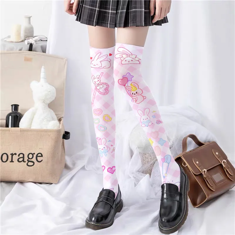 

Cute Cartoon Print Thin Lolita Knee-High Socks Comfortable Velvet Anime Bunny Lovely Animals Pink Girlish Y2K Young Stockings