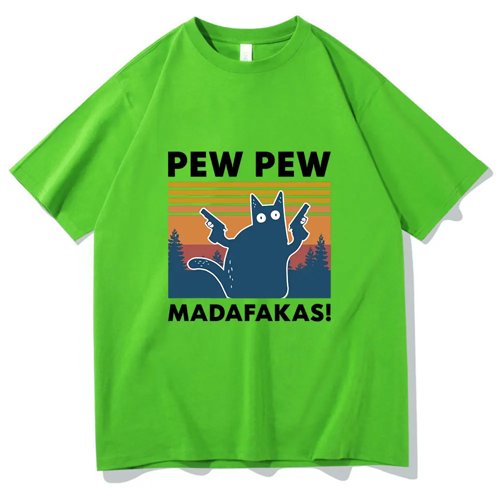 

Novelty Funny Cat Vintage Crew Neck Men's T-Shirt Humor Women Tops Tee Gift Humor Streetwear Pew Pew Madafakas 100% Cotton Shirt