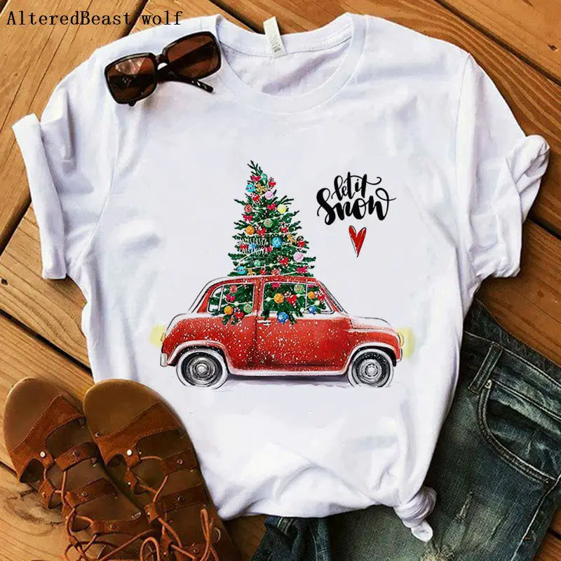 Женская рождественская футболка с принтом Красного автомобиля снежной елки