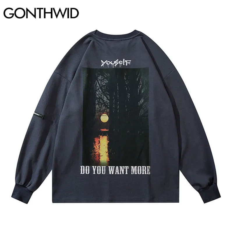 

GONTHWID Tshirts Streetwear Hip Hop Forest Sunset Long Sleeve Tees Shirts Harajuku Fashion Casual Loose Punk Rock Gothic Tops