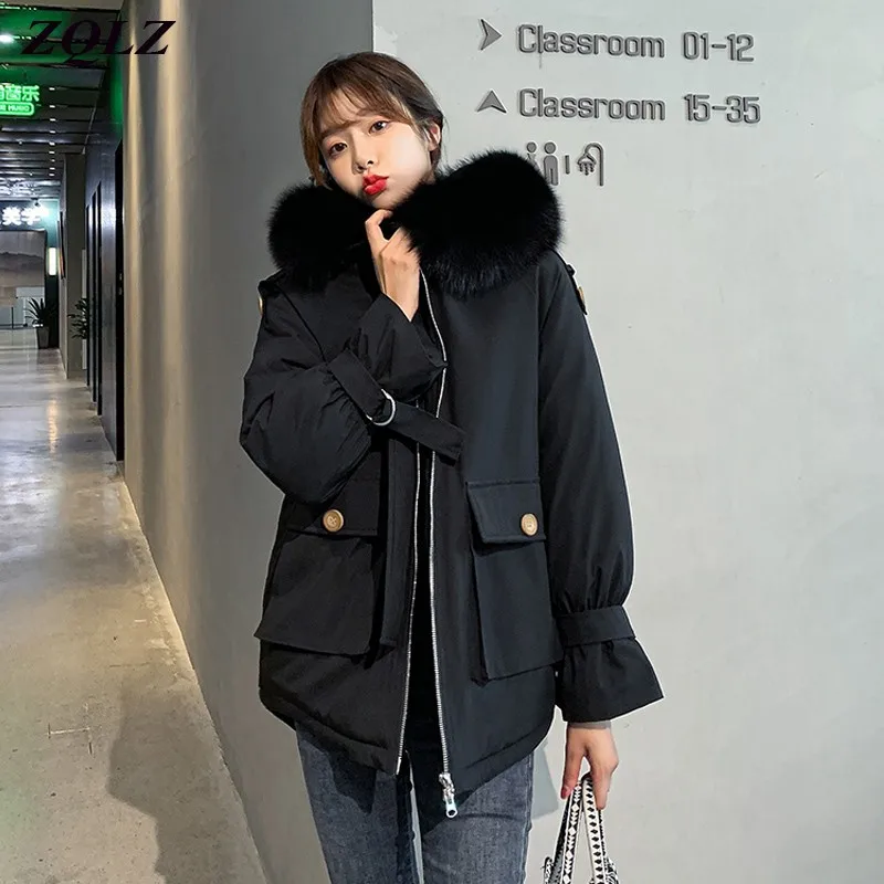 Женское зимнее пальто ZQLZ теплая длинная парка черного цвета с капюшоном из