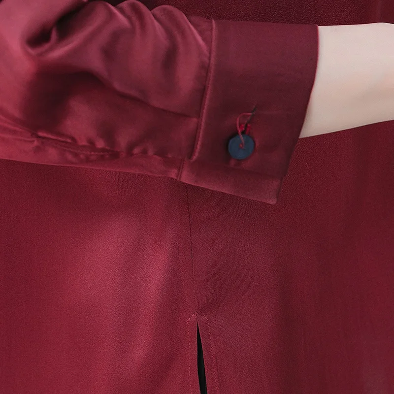 

VOA Silk Bow Collar Embroidery Technology Colliding Color Splicing Single Row Buckle Long Sleeve Shirt Female BJ36