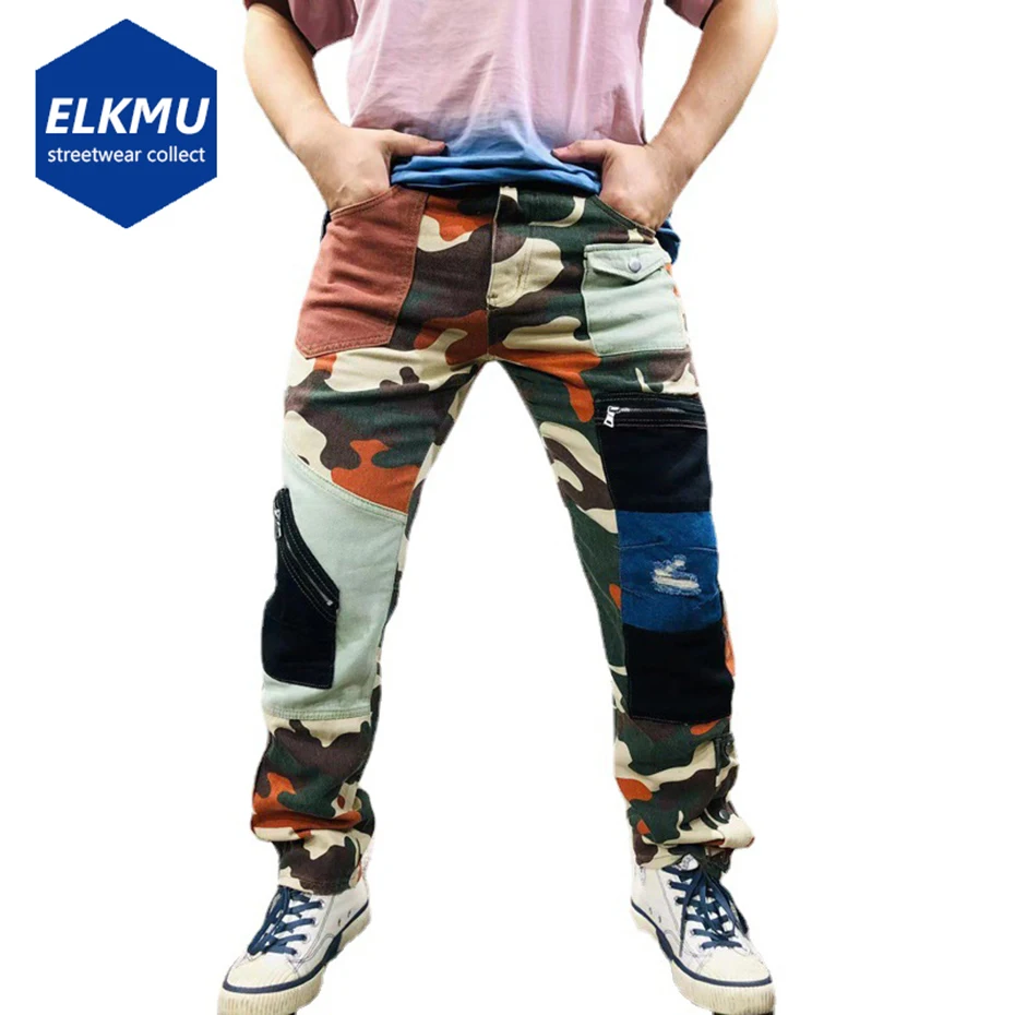

Рваные камуфляжные джинсы-карго для мужчин, уличная одежда в стиле Харадзюку, джинсовые брюки с дырками в стиле хип-хоп, мужские модные брид...