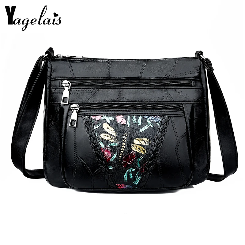 

Fashion Lady Messenger Bag Black Soft Washed Leather Shoulder Bag Patchwork Messenger Bag Little Girl