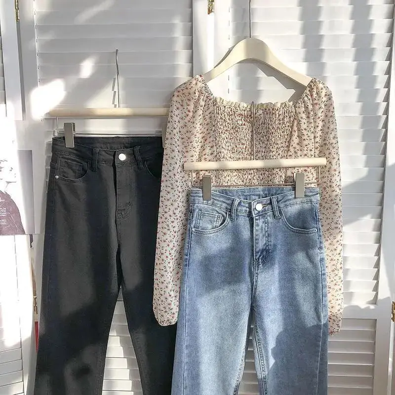 

Slim and versatile jeans female student loose high waist wide leg straight pants children's new style