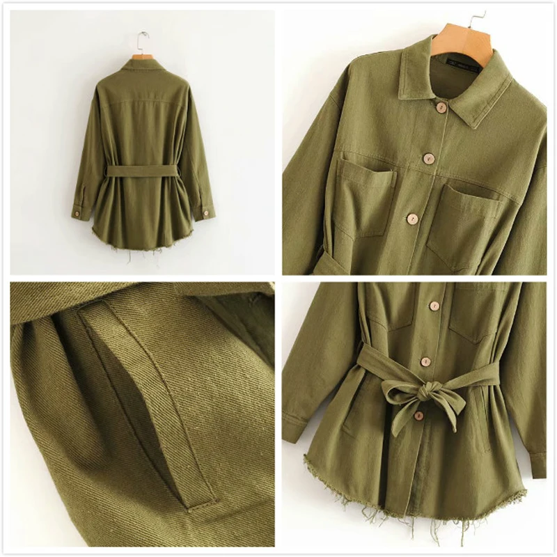 Осенняя джинсовая куртка с поясом Женская однотонная Повседневная Свободная