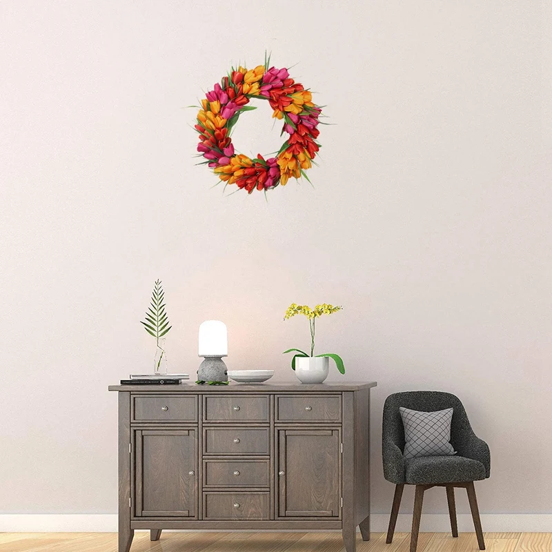 

Artificial Tulip Wreath, Spring Wreath with Green Leaves for Front Door Farmhouse Window Wall Wedding Party Home Decor