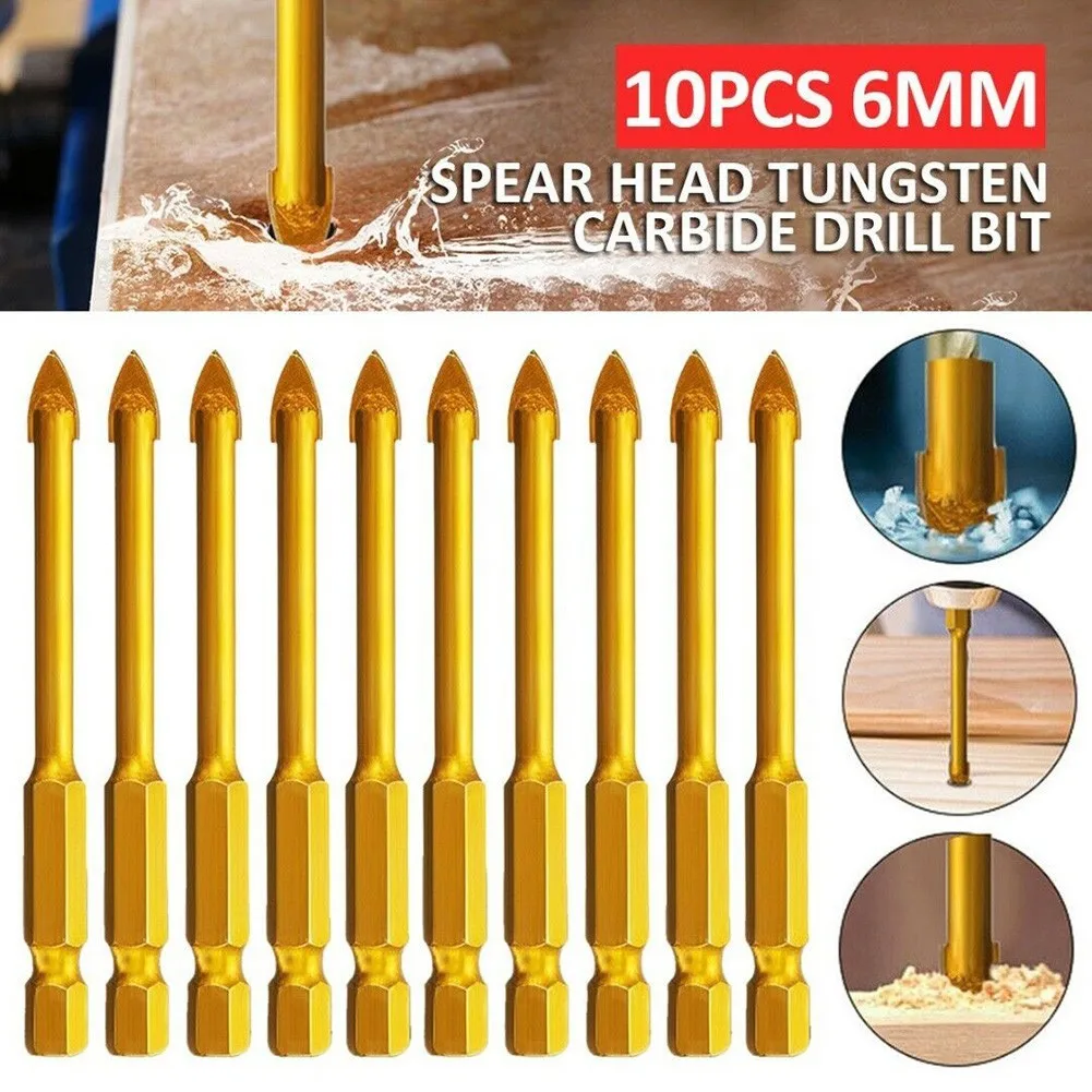 

10pcs Carbide TCT Glass Drill Bits 1/4'' Hex Shank Titanium Coated Wall Glass Hole Drill Power Tools Accessories