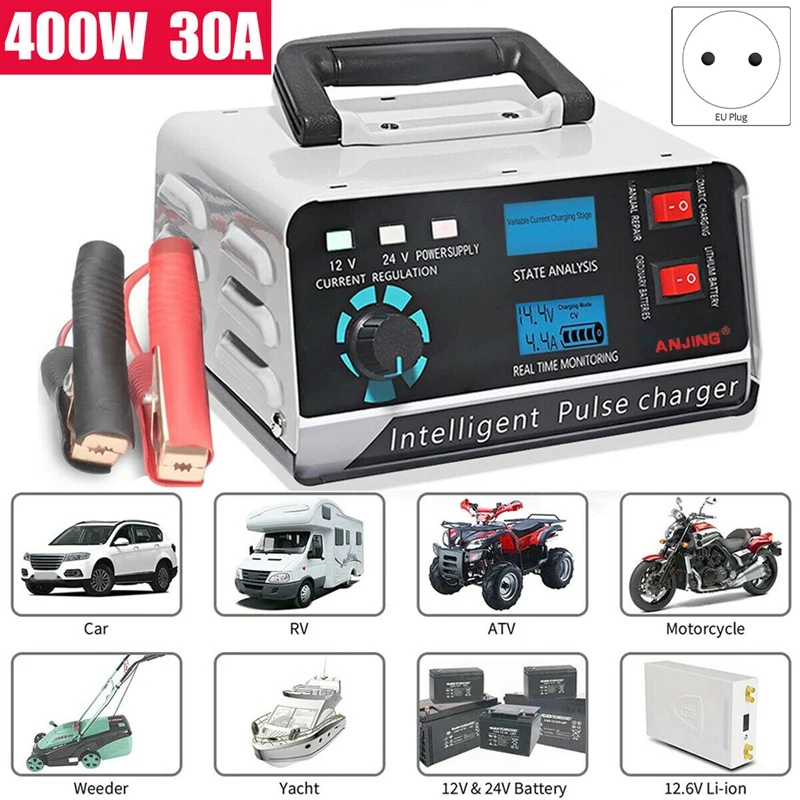 400W 30A 12V/24V Automatic Car Battery Charger Smart Pulse Repair Boat Trickle Eu Plug