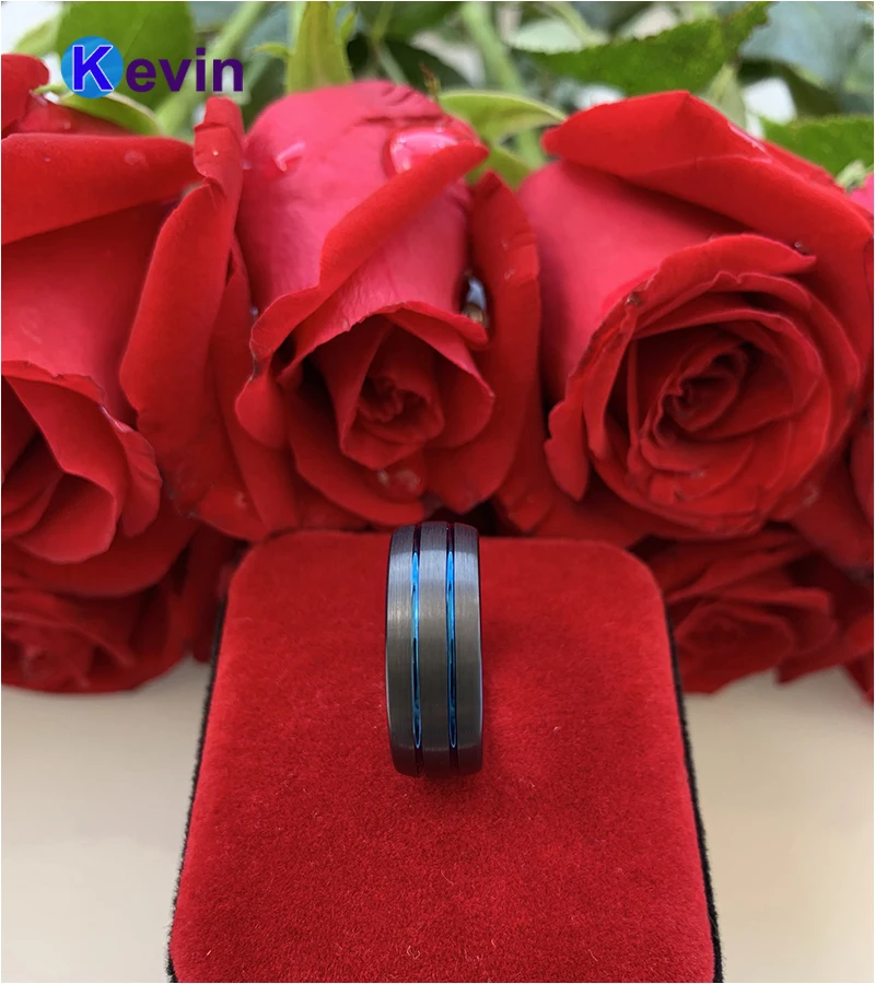 Вольфрамовое кольцо для мужчин черное синее обручальное и женщин удобное