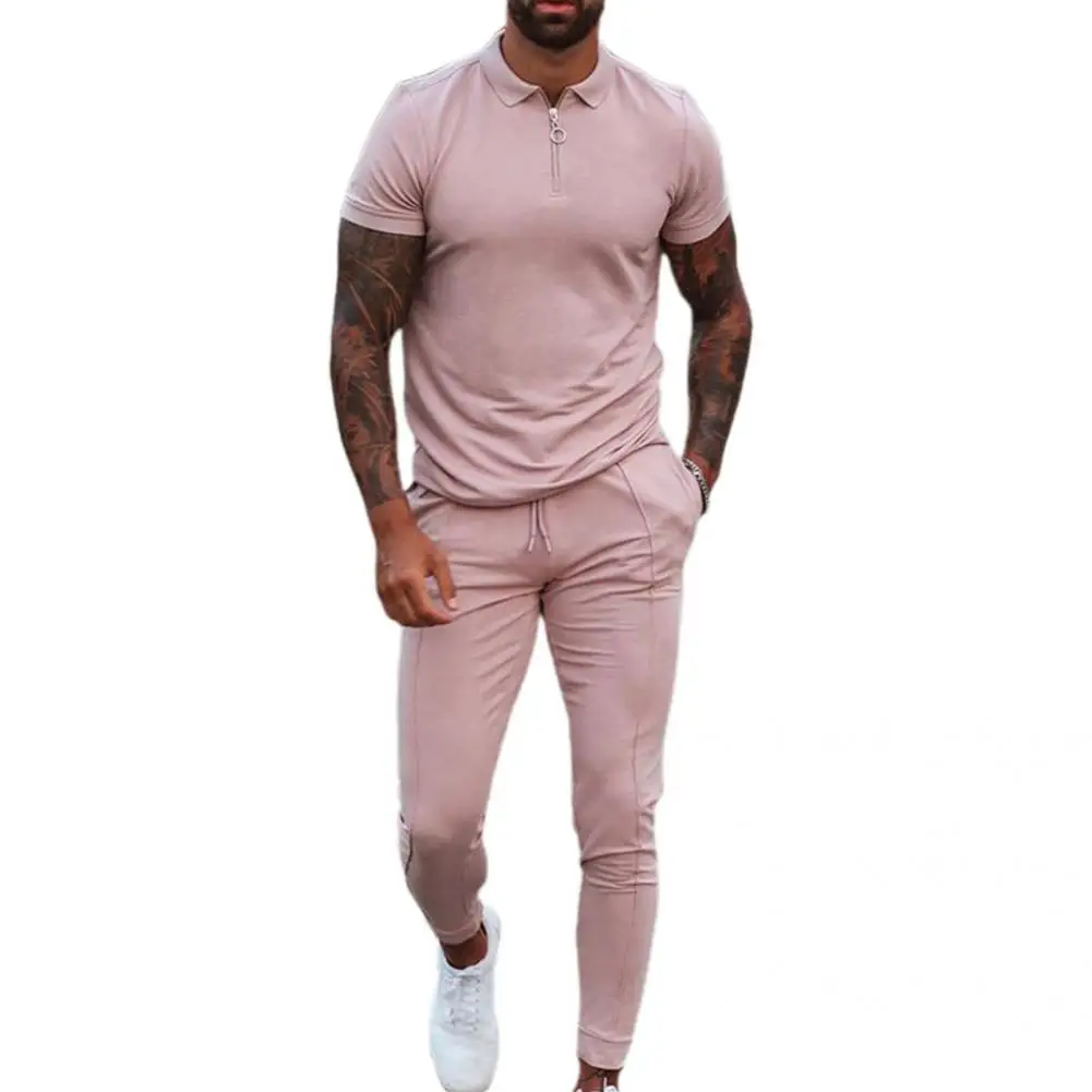 

Casual Stylish Turndown Collar Top Drawstring Pants Outfit Men Tracksuit Pockets for Running