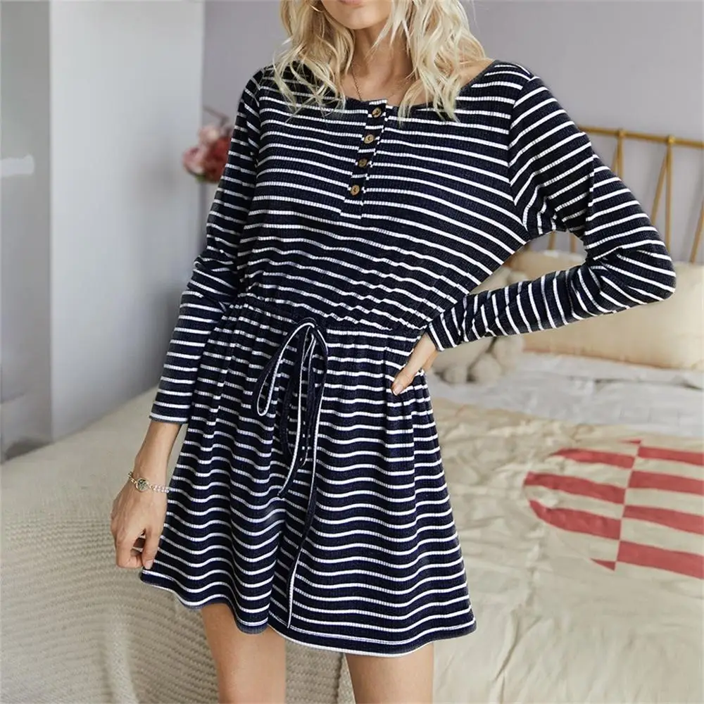 

Women's summer leisure loose home button slim slimming solid color stripes lace up long sleeve jumpsuit