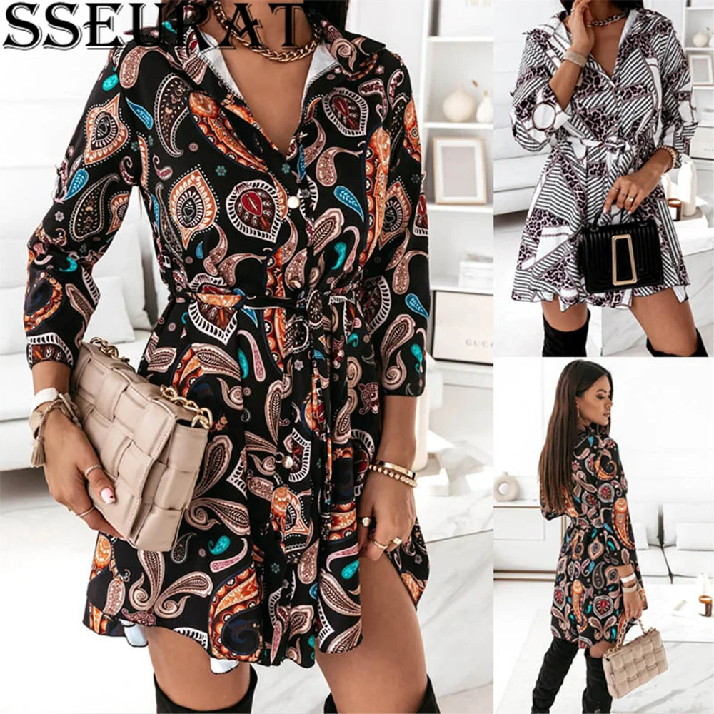 

SSEURAT Autumn Women Long Sleeve Slim Party Dresses Sexy Deep V-Neck Lace-up Mini Dress Female Elegant Printed Shirts Dress