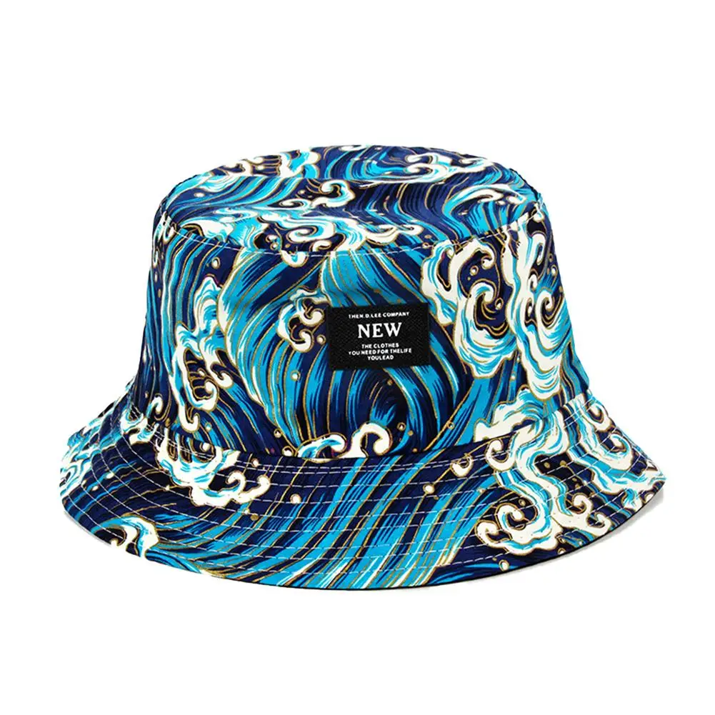 

Fashion Hip Hop Sea Wave Print Outdoor Sun Protection Reversible Bucket Hat Cap