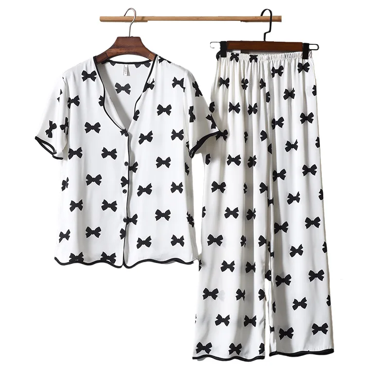

Spring Summer Women Pajamas Set Sweet White Print Bow Sleepwear Pyjama Pour Femme Elastic Waist Short Sleeve Trouser Home Suits