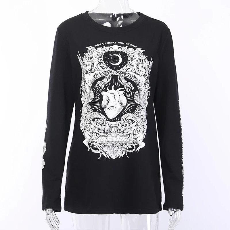 Женская футболка в стиле хип-хоп черная с длинным рукавом и принтом | одежда