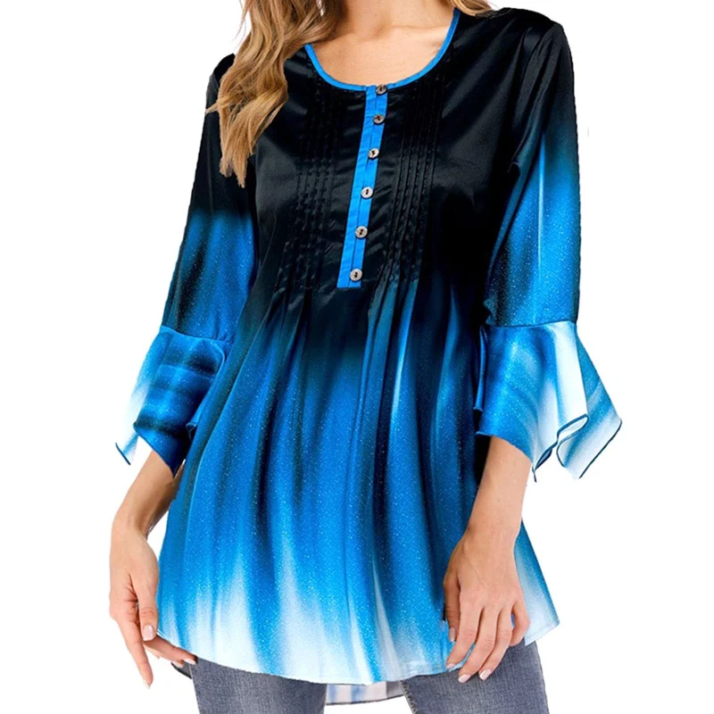 Женская футболка градиентного цвета топы с круглым вырезом пуговицами и длинным