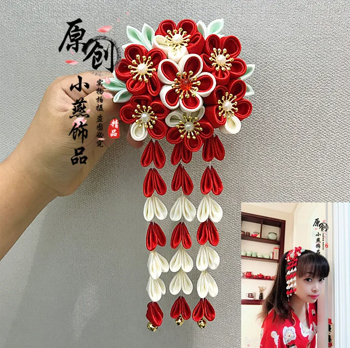 Винтажная заколка для волос ручной работы в японском стиле с красными цветами и