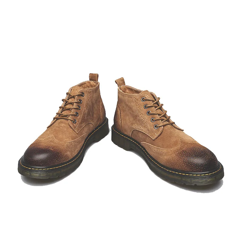 Ботинки мужские Кожаные броги ботильоны на меху обувь для снега шнуровке рабочая