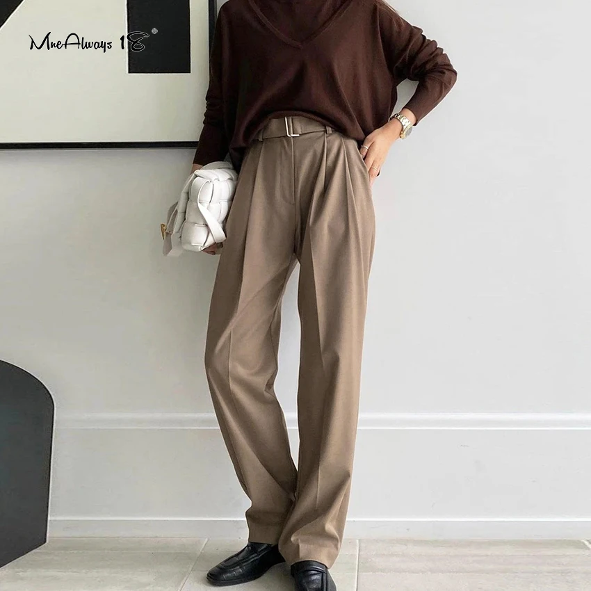 

Mnealways18 офисные женские брюки с поясом плиссированные брюки с высокой талией и широкими штанинами длиной до щиколотки на молнии весенние жен...