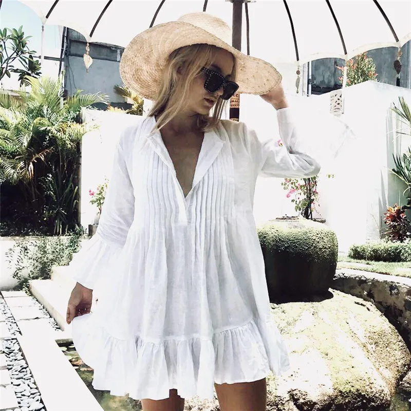 

Women Summer Fashion Flare Sleeve Beach Dresses White Cotton Swim Cover Up Plus Size Tunic V Neck Falbala Pleated Mini Sundress