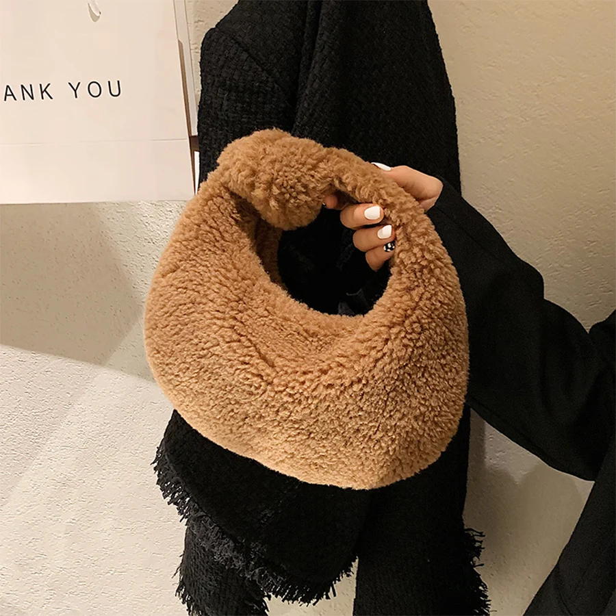 

Soft Plush Women's Bags 2021 New Autumn Winter Faux Fur Messenger Handbags Soild Color Knotted Hand Evening Party Clutch Lady