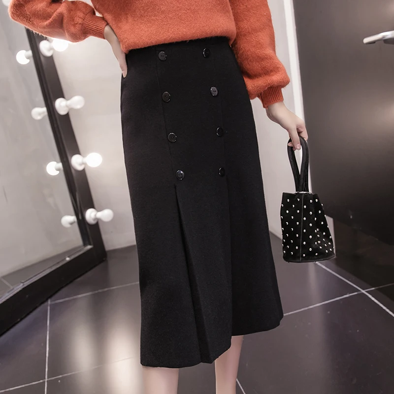 High Waist Stretch Knitted Skirt Women Elegant Double breasted Straight Long Skirts Female Autumn Winter Vintage Pleated Skirt