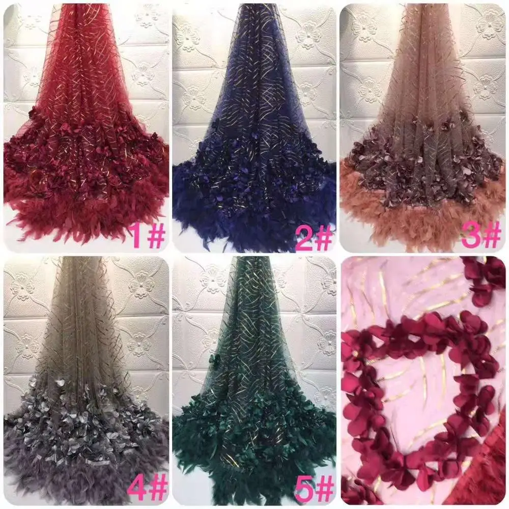 Модные золотые блестки сетчатый с перьями Африканской ажурной вышивкой