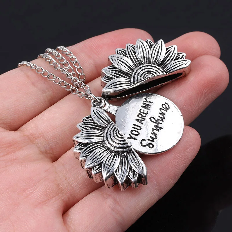 

Vintage Sunflower Locket Pendant Necklace Women Bohemian Retro Engraved Letter Couple Friendship jewelry Lover Gift